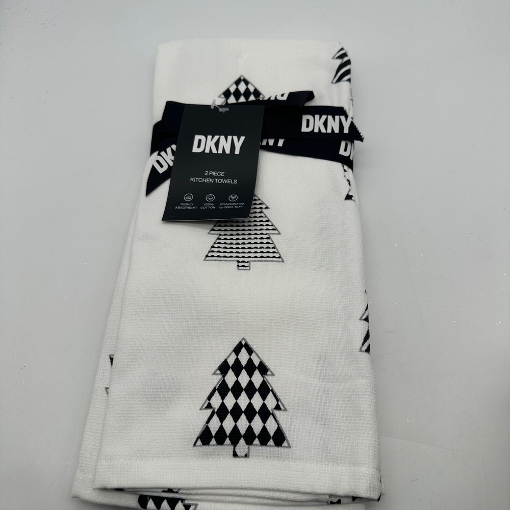 PACK OF 2 DKNY KITCHEN TOWELS TREES BLACK WHITE 100% COTTON 18 X 28 NWT